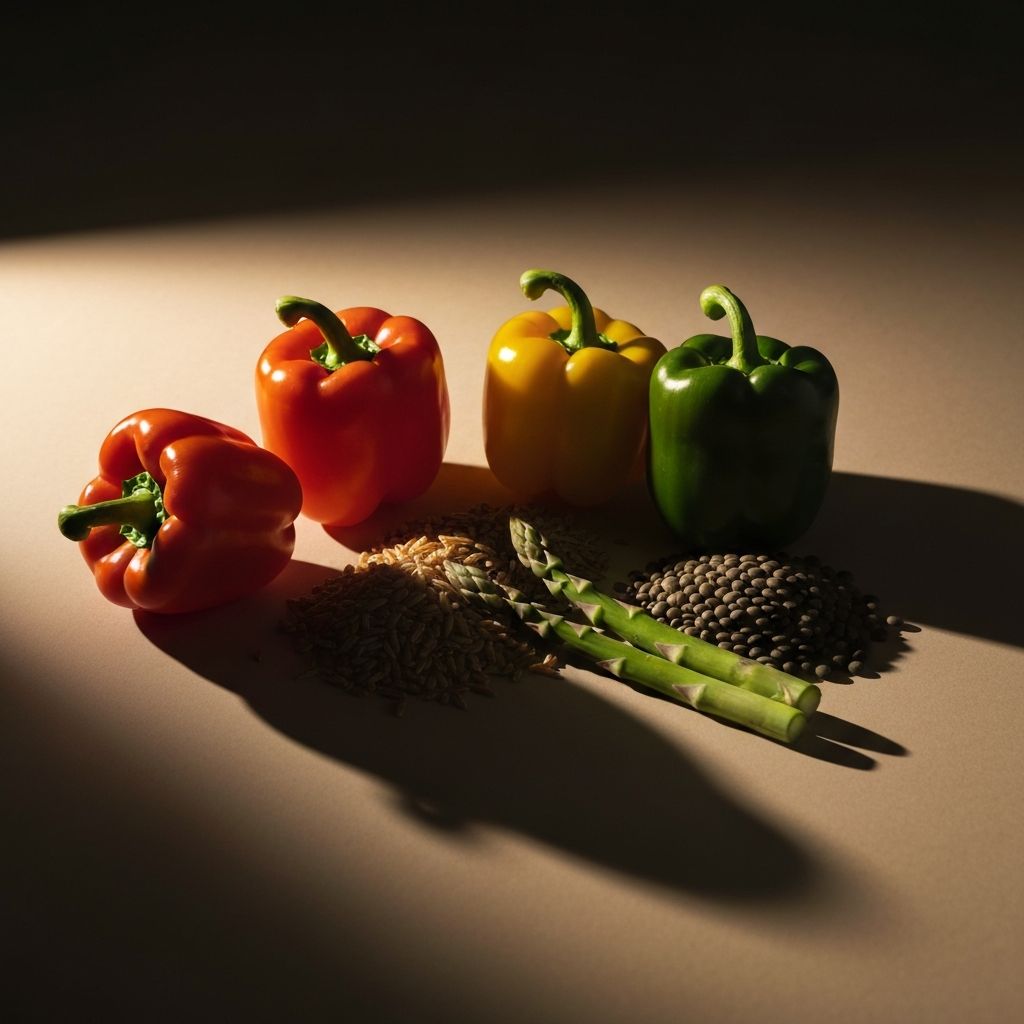 Fresh vegetables and whole grains arranged in balanced composition